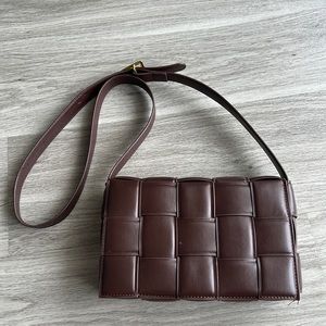 Woven faux leather chocolate brown crossbody bag